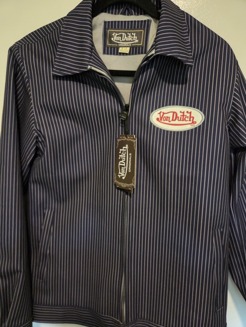 NWT Von Dutch Originals Mens Pinstripe Mechanic Jacket Navy Blue S Embroidered